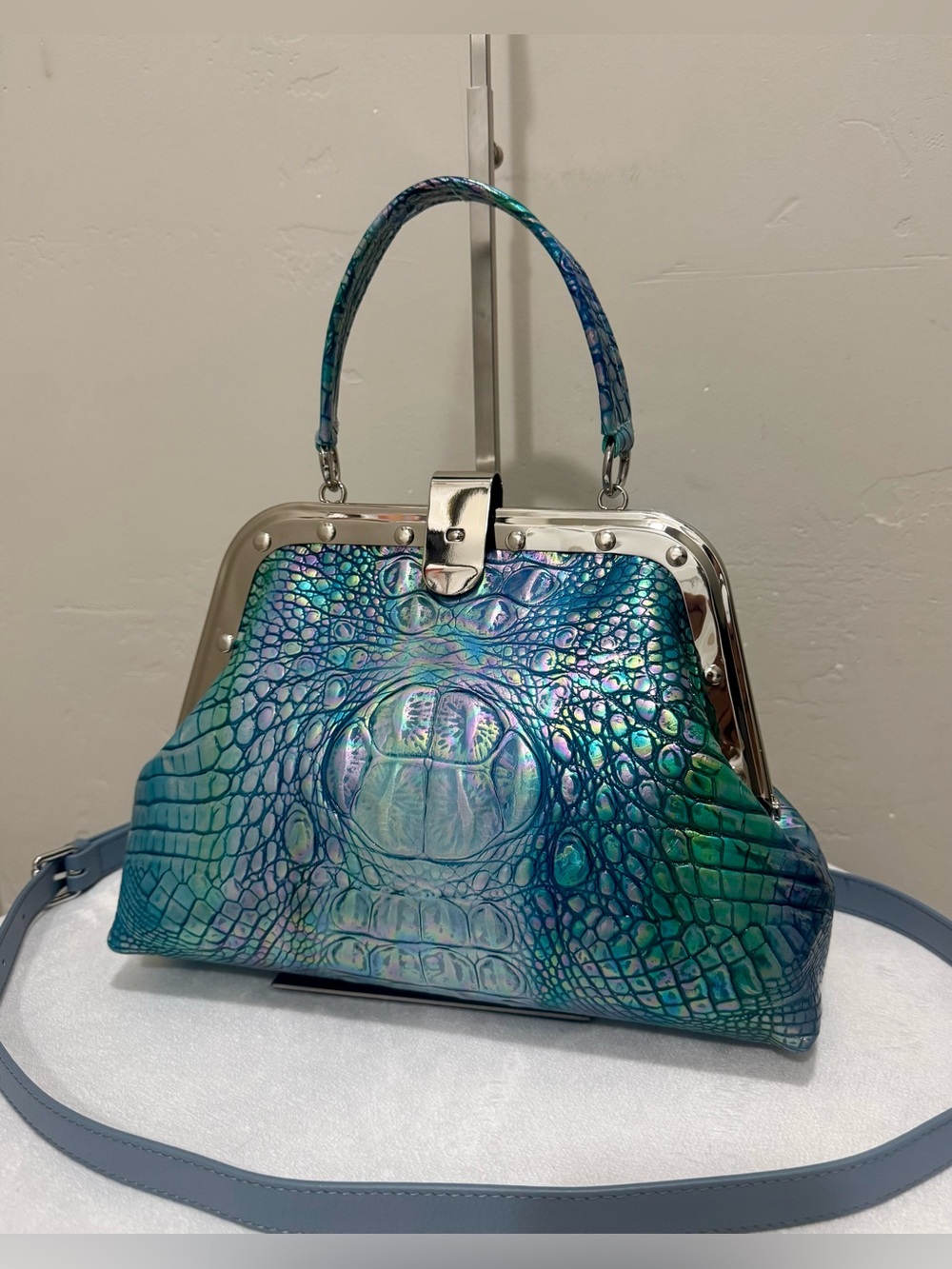 Iridescent Croc-Embossed Cowhide Handmade Unique Rivet Frame Bag, Large Size